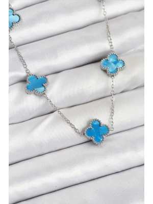 MuI MuI 316L Çelik Zincir Gümüş Buz Mavisi Renk Yonca Kadın Kolye