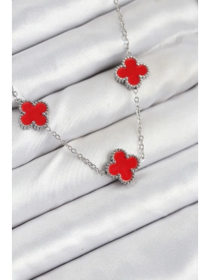MuI MuI 316L Çelik Zincir Gümüş Kırmızı Renk Yonca Kadın Kolye