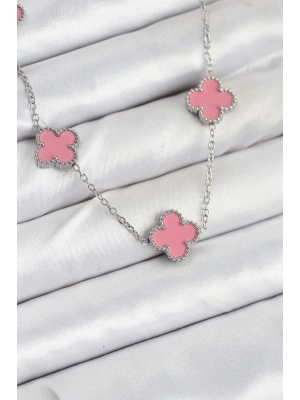 MuI MuI 316L Çelik Zincir Gümüş Pembe Renk Yonca Kadın Kolye