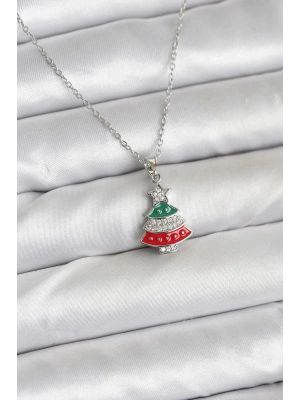 MuI MuI 316L Çelik Zincir Gümüş Ren Çam Ağacı Model Zirkon Taşlı Yılbaşı Temalı Kadın Kolye