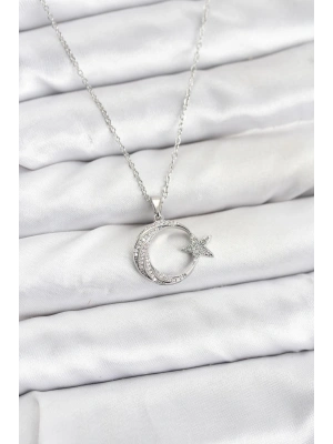 MuI MuI 316L Çelik Zincir Gümüş Renk Ay Yıldız Model Zirkon Taşlı Kadın Kolye