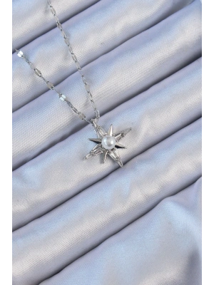 MuI MuI 316L Çelik Zincir Gümüş Renk Baget Taşlı İnci Detay Kutup Yıldızı Kolye