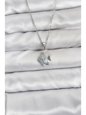 MuI MuI 316L Çelik Zincir Gümüş Renk Balık Model Zirkon Taşlı Kadın Kolye