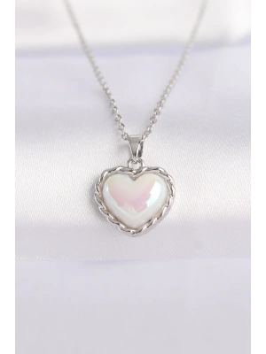 MuI MuI 316L Çelik Zincir Gümüş Renk Beyaz Taşlı Bombeli Kalp Kolye