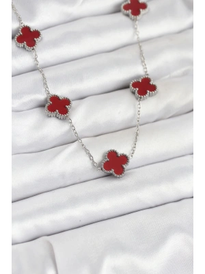 MuI MuI 316L Çelik Zincir Gümüş Renk Bordo Renk Yonca Kadın Kolye
