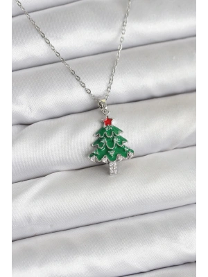 MuI MuI 316L Çelik Zincir Gümüş Renk Çam Ağacı Model Yılbaşı Temalı Kadın Kolye