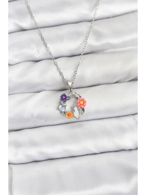 MuI MuI 316L Çelik Zincir Gümüş Renk Çiçekli Kedili Model Kadın Kolye