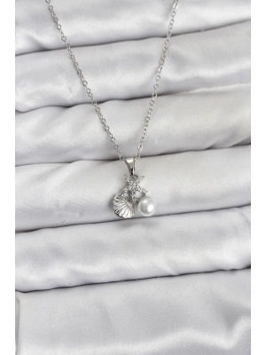 MuI MuI 316L Çelik Zincir Gümüş Renk Deniz Kabuğu ve Deniz Yıldızı Model Zirkon Taşlı Kadın Kolye