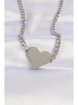 MuI MuI 316L Çelik Zincir Gümüş Renk Düz Plaka Kalp Kolye
