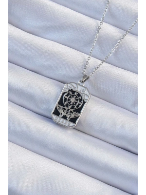 MuI MuI 316L Çelik Zincir Gümüş Renk İşlemeli Siyah Mineli Tarot Kolye