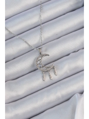 MuI MuI 316L Çelik Zincir Gümüş Renk İşlemeli Zirkon Taşlı Ay Kolye