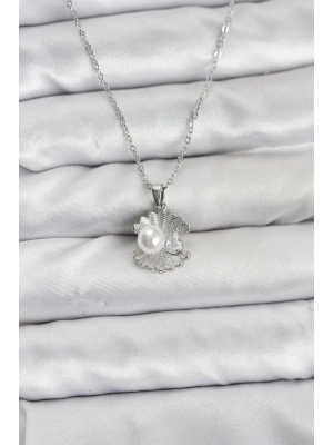 MuI MuI 316L Çelik Zincir Gümüş Renk İstiridye İnci Model Zirkon Taşlı Kadın Kolye