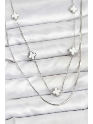 MuI MuI 316L Çelik Zincir Gümüş Renk İtalyan Zincirli Yonca Model Kadın Kolye