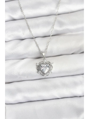 MuI MuI 316L Çelik Zincir Gümüş Renk Kalp Model Zirkon Taşlı Kadın Kolye