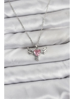 MuI MuI 316L Çelik Zincir Gümüş Renk Kanatlı Kalp Model Zirkon Taşlı Kadın Kolye