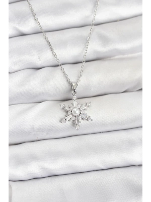 MuI MuI 316L Çelik Zincir Gümüş Renk Kar Tanesi Model Zirkon Taşlı Kadın Kolye