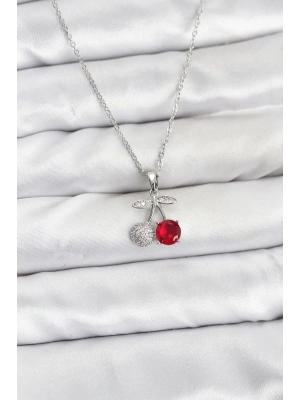MuI MuI 316L Çelik Zincir Gümüş Renk Kiraz Model Zirkon Taşlı Kadın Kolye