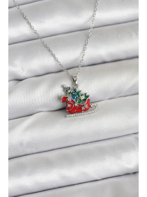 MuI MuI 316L Çelik Zincir Gümüş Renk Kızak ve Çam Ağacı Figürlü Yılbaşı Temalı Kadın Kolye