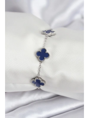 MuI MuI 316L Çelik Zincir Gümüş Renk Lacivert Yonca Kadın Bileklik