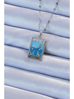 MuI MuI 316L Çelik Zincir Gümüş Renk Mavi Mineli Ay Figür Tarot Kolye