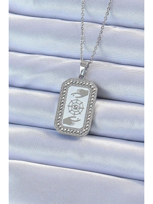 MuI MuI 316L Çelik Zincir Gümüş Renk Mineli Zirkon Taşlı Göz Figür Tarot Kolye