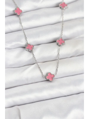 MuI MuI 316L Çelik Zincir Gümüş Renk Pembe Baby Boy Yonca Kadın Kolye