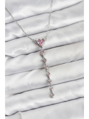 MuI MuI 316L Çelik Zincir Gümüş Renk Pembe Kalp Kadın Kolye