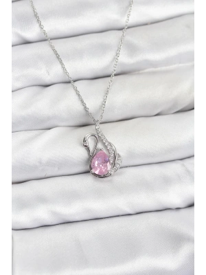 MuI MuI 316L Çelik Zincir Gümüş Renk Pembe Kuğu Model Zirkon Taşlı Kadın Kolye