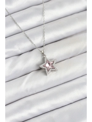 MuI MuI 316L Çelik Zincir Gümüş Renk Pembe Taşlı Yıldız Model Kadın Kolye