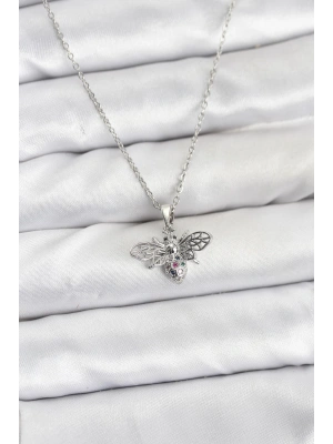 MuI MuI 316L Çelik Zincir Gümüş Renk Sinek Model Zirkon Taşlı Kadın Kolye