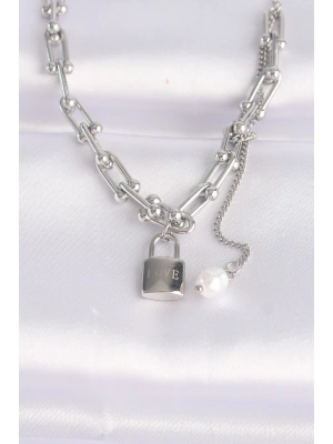 MuI MuI 316L Çelik Zincir Gümüş Renk Zincirli Love Yazılı Kilit Kolye