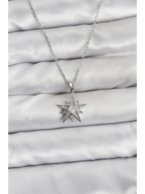 MuI MuI 316L Çelik Zincir Gümüş Renk Yıldız Model Zirkon Taşlı Kadın Kolye