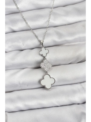 MuI MuI 316L Çelik Zincir Gümüş Renk Yonca Detaylı Zirkon Taşlı Kadın Kolye