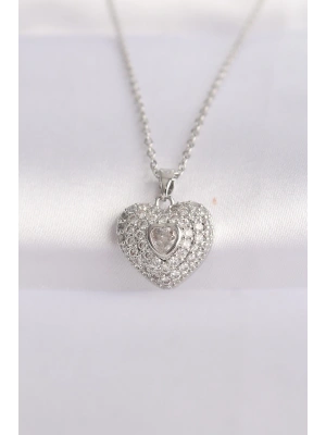 MuI MuI 316L Çelik Zincir Gümüş Renk Zirkon Taşlı Kalp Kolye