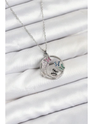 MuI MuI 316L Çelik Zincir Gümüş Renk Zirkon Taşlı Kelebekli Kadın Kolye