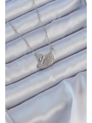 MuI MuI 316L Çelik Zincir Gümüş Renk Zirkon Taşlı Kuğu Kolye