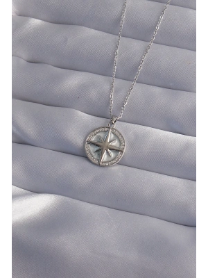 MuI MuI 316L Çelik Zincir Gümüş Renk Zirkon Taşlı Kutup Yıldızı Kolye