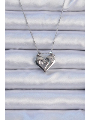 MuI MuI 316L Çelik Zincir Gümüş Renk Zirkon Taşlı Mıknatıslı Kalp Kolye