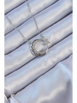 MuI MuI 316L Çelik Zincir Gümüş Renk Zirkon Taşlı Motifli Ay Yıldız Kolye