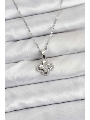 MuI MuI 316L Çelik Zincir Gümüş Renk Zirkon Taşlı Yonca Model Kadın Kolye