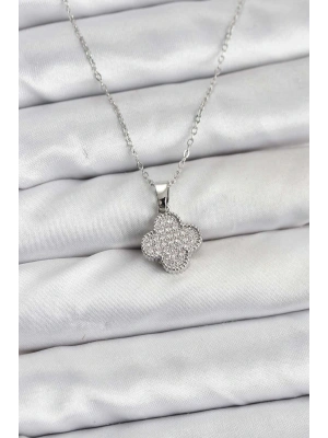 MuI MuI 316L Çelik Zincir Gümüş Renk Zirkon Taşlı Yonca Model Kadın Kolye