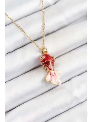 MuI MuI 316L Çelik Zincir Kırmızı Balık Model Gold Renk Kadın Kolye