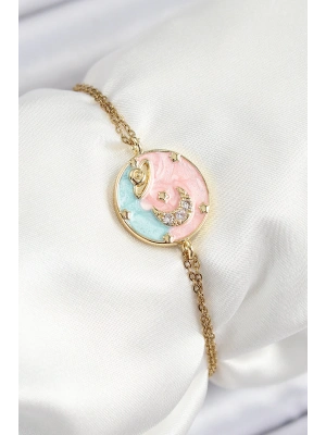 MuI MuI 316L Çelik Zincir Mineli Sanatsal Portre Zirkon Taşlı Gezegen Model Gold Renk Kadın Bileklik