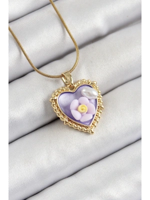 MuI MuI 316L Çelik Zincir Mor Sanatsal Portre İnci Detaylı Papatya Figürlü Kalp Model Gold Renk Kadın Kolye