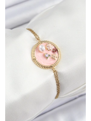 MuI MuI 316L Çelik Zincir Pembe Mineli Sanatsal Portre İnci Detaylı Çiçek Model Gold Renk Kadın Bileklik