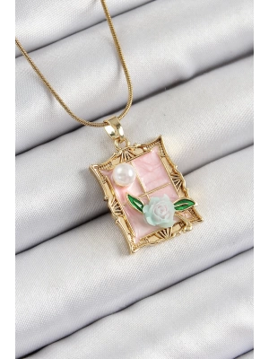 MuI MuI 316L Çelik Zincir Pembe Sanatsal Portre İnci Detaylı Gül Figürlü Model Gold Renk Kadın Kolye