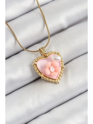 MuI MuI 316L Çelik Zincir Pembe Sanatsal Portre İnci Detaylı Papatya Figürlü Kalp Model Gold Renk Kadın Kolye