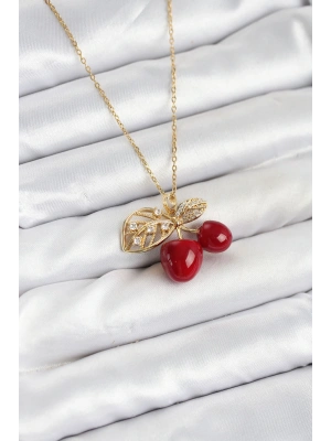 MuI MuI 316L Çelik Zincir Yapraklı Kiraz Model Gold Renk Kadın Kolye
