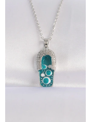 MuI MuI 316L Çelik Zincir Zirkon Taşlı Gümüş Renk Nazarlı Terlik Tasarımlı Kolye