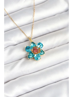 MuI MuI 316L Çelik Zincirli Mavi Çiçek Model Kadın Kolye